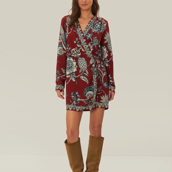 FARM Rio Dresses & Skirts - FARM Rio Red Floral Wrap Long Sleeve Dress